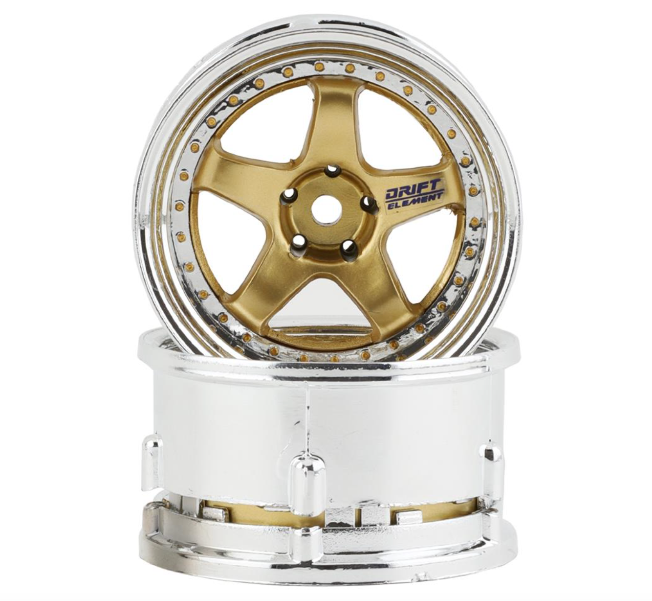 DS Racing Drift Element 5 Spoke Drift Wheels (Gold & Chrome w/Gold Rivets) (2) (Adjustable Offset) w/12mm Hex