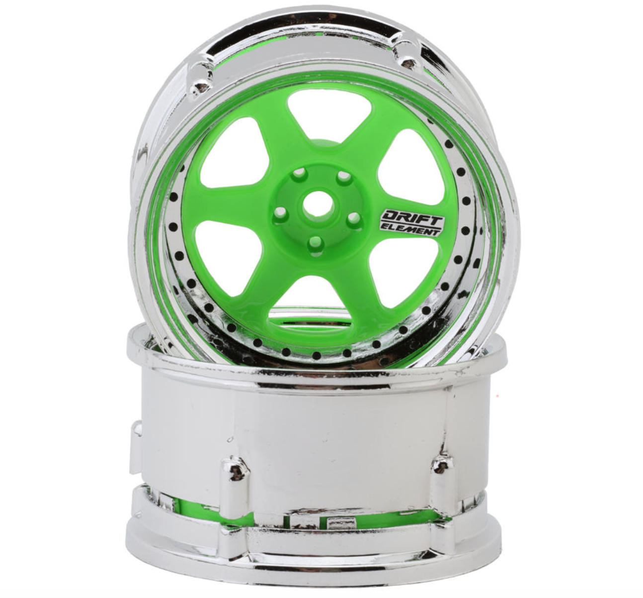 DS Racing Drift Element 6 Spokes Drift Wheel (Flu Green/Chrome Lip/Black Rivet) (Adjustable Offset) (2) w/12mm Hex
