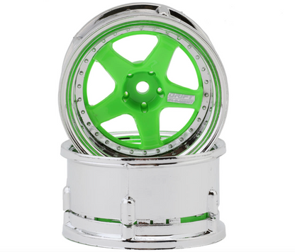 DS Racing Drift Element 5 Spokes Drift Wheel (Flu Green/Chrome Lip & Rivets) (Adjustable Offset) (2) w/12mm Hex
