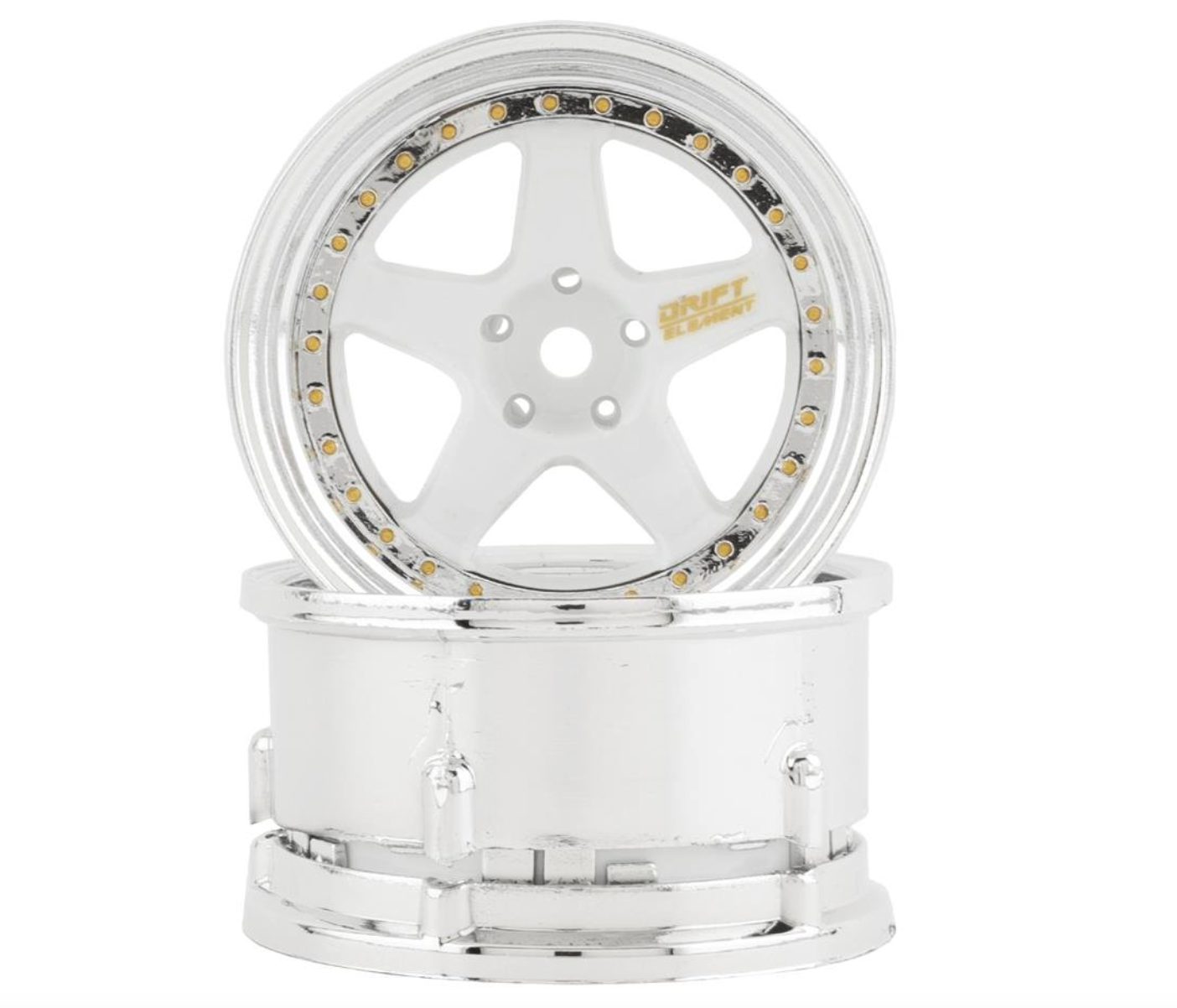 DS Racing Drift Element 5 Spoke Drift Wheels (White & Chrome w/Gold Rivets) (2) (Adjustable Offset) w/12mm Hex